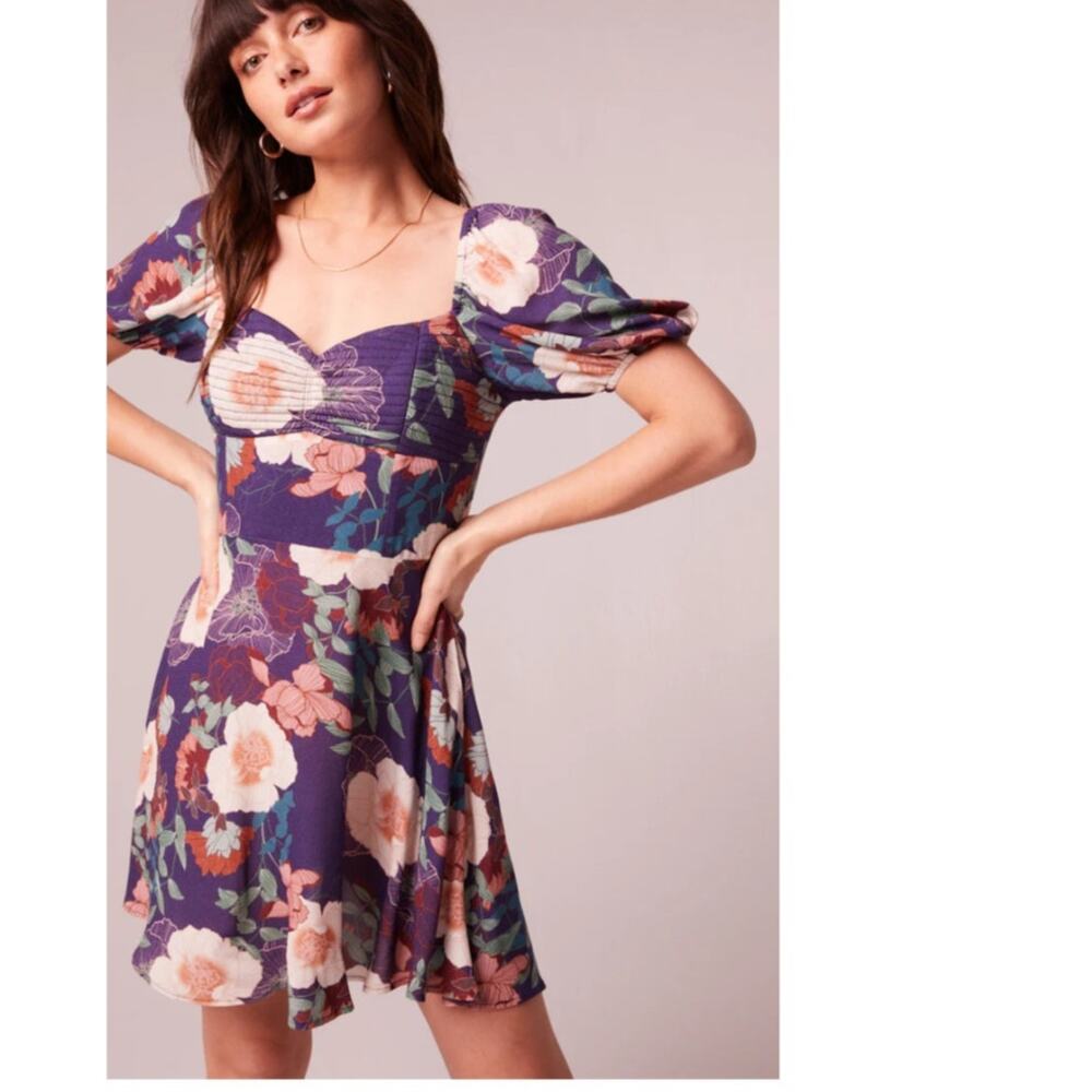 BAND OF THE FREE AIMEE PURPLE FLORAL PUFF SLEEVE MINI DRESS S NEW - Picture 2 of 8